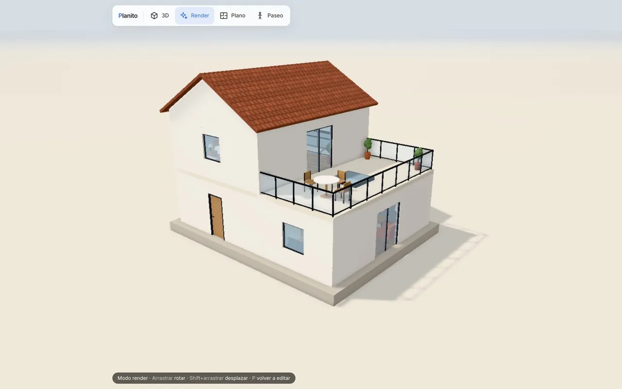 Casa de ejemplo en modo render, en 3D