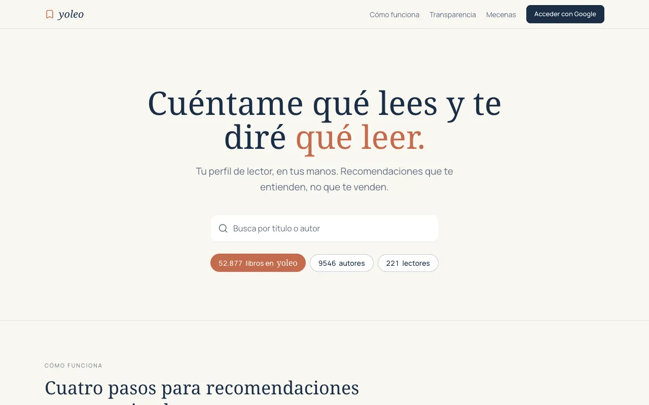 Portada de yoleo: «Cuéntame qué lees y te diré qué leer», con el buscador de libros